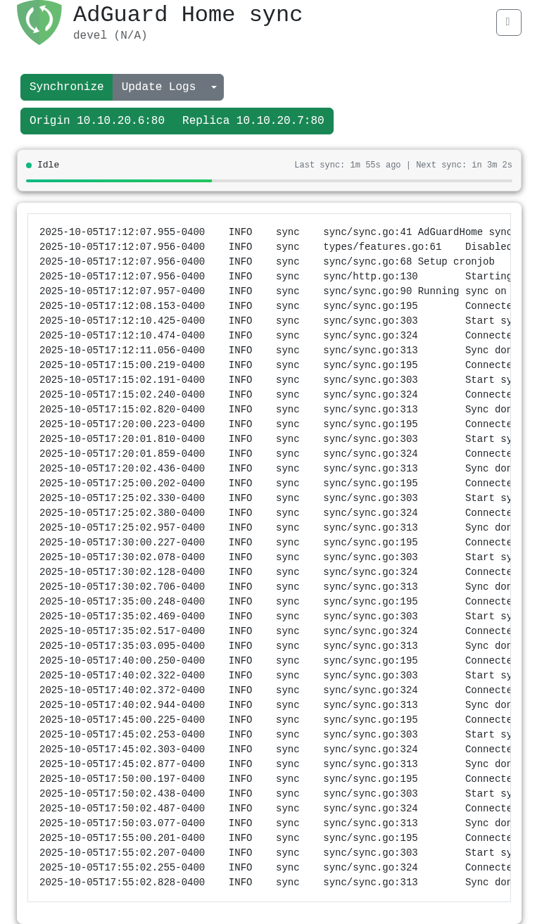 AdGuard Home Sync web interface in light mode showing complete feature set
