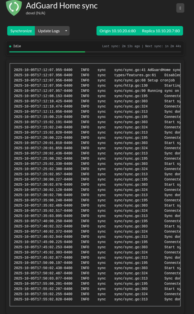 AdGuard Home Sync web interface showing real-time sync progress monitoring with countdown timers and progress bar in dark mode