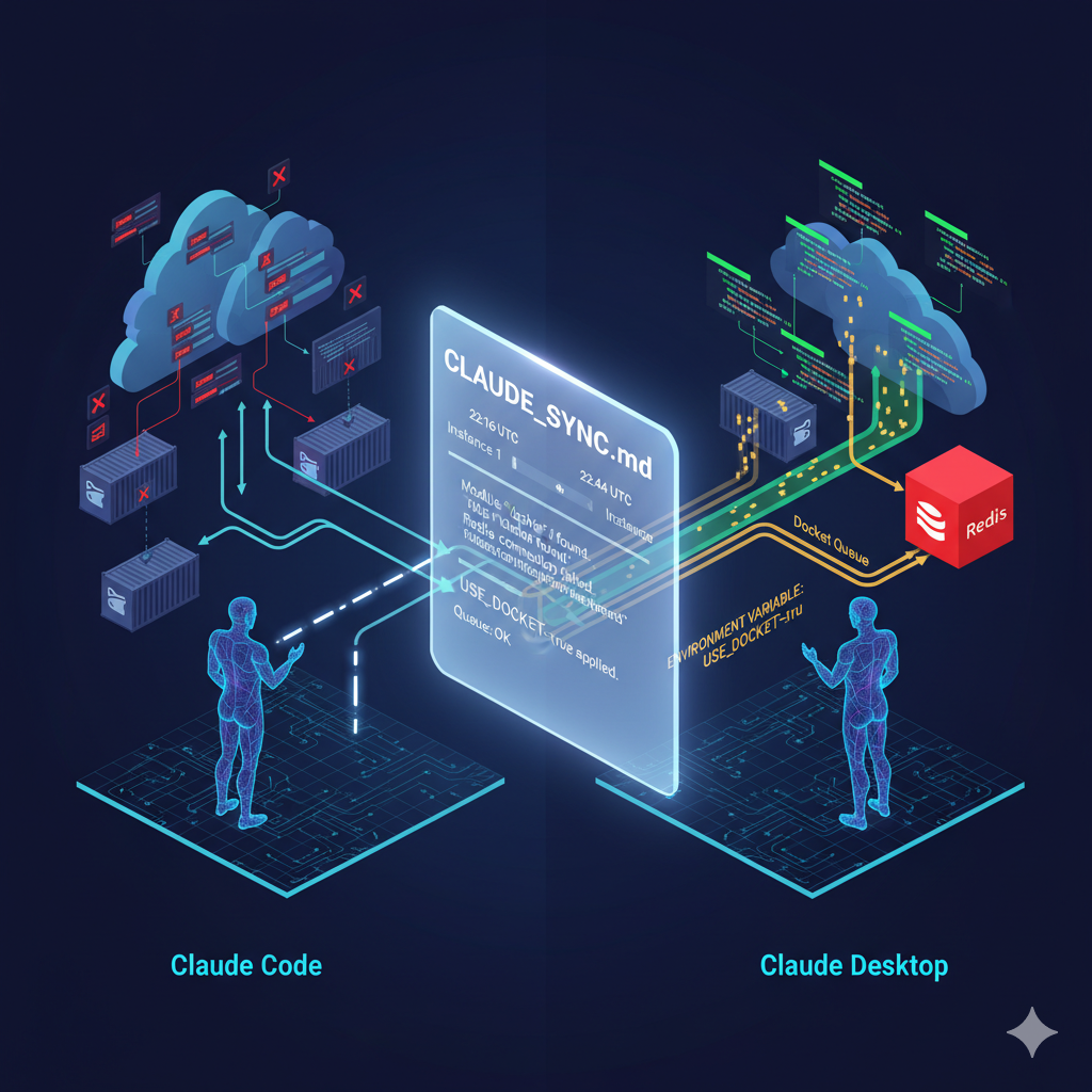 AI debugging distributed systems: Two Claude AI instances (Claude Code and Claude Desktop) collaborating through shared documentation to debug Redis memory issues