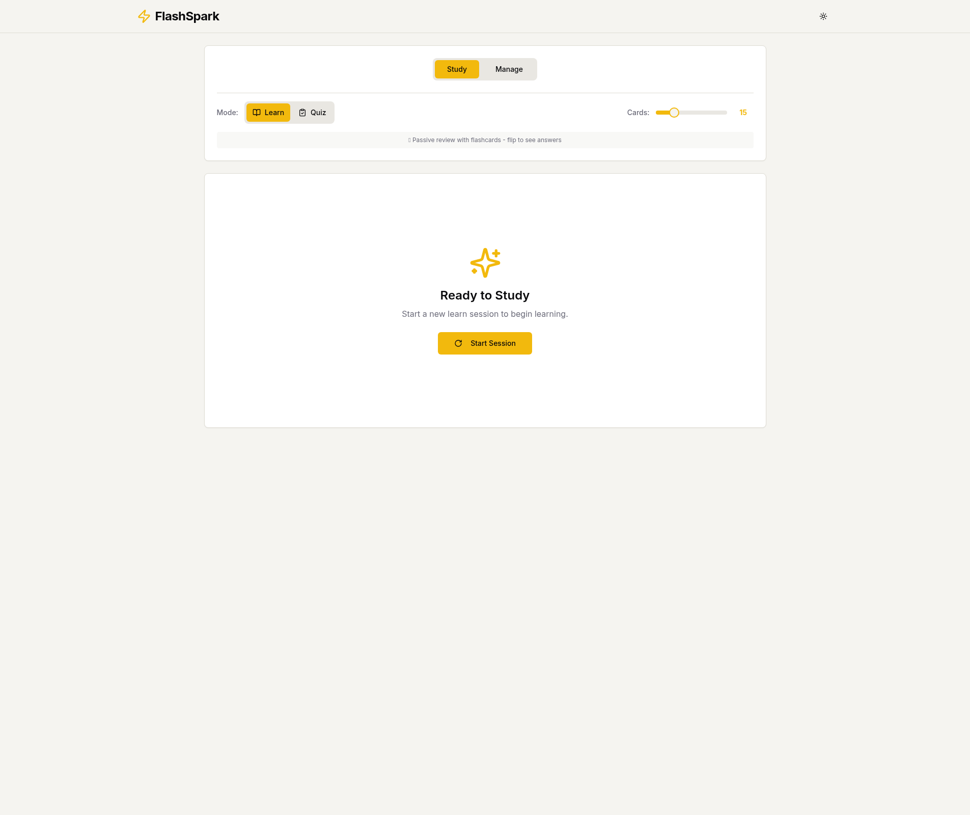 FlashSpark Start Session Screen