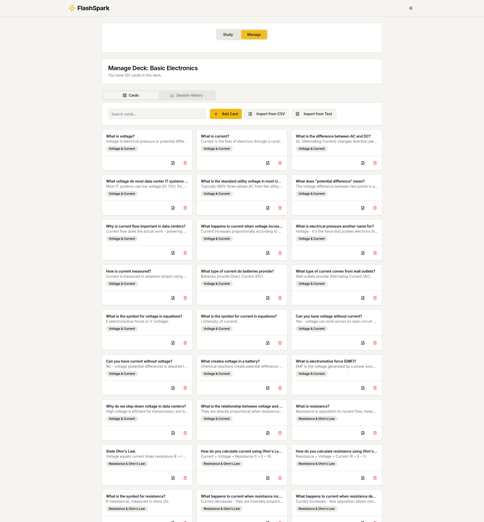 FlashSpark Manage Deck View