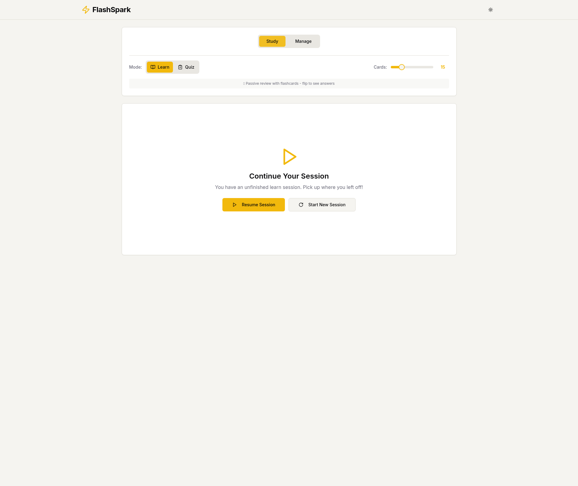 FlashSpark Resume Session Button