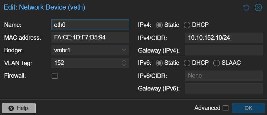 Proxmox network device configuration showing eth0 with static IP 10.10.152.10/24 and empty Gateway IPv4 field