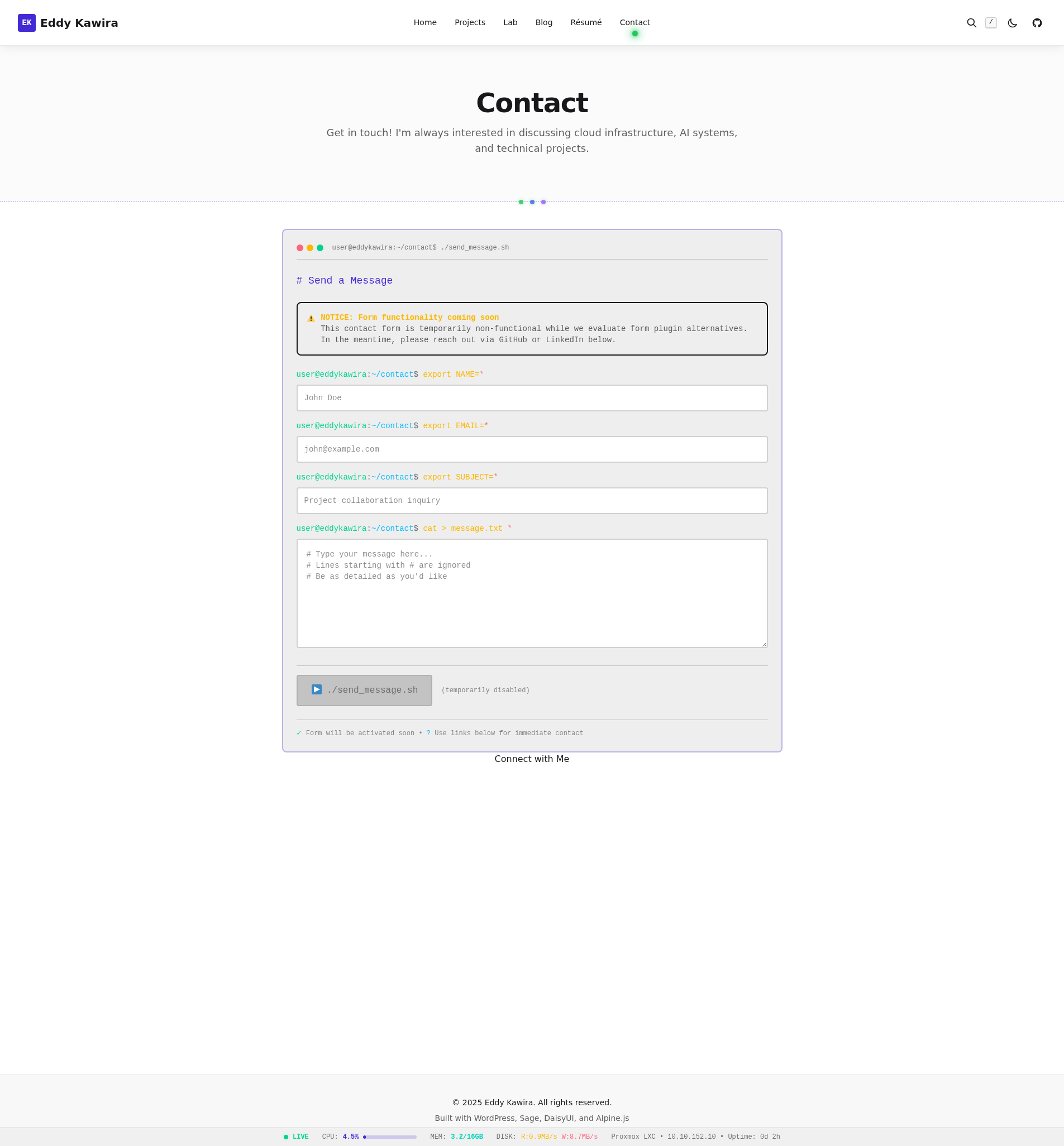 Contact page styled as terminal form