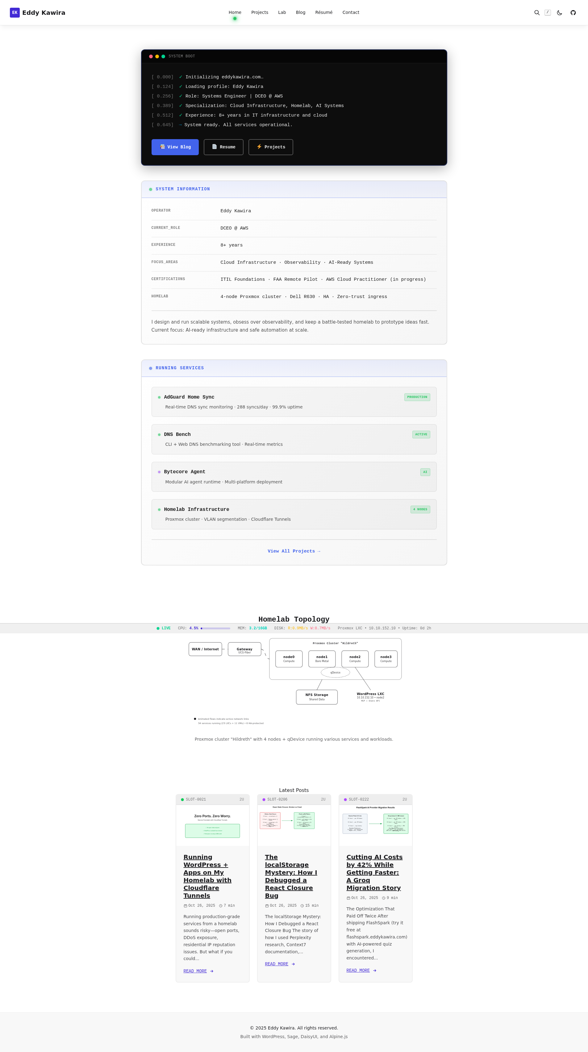Home page with boot sequence console