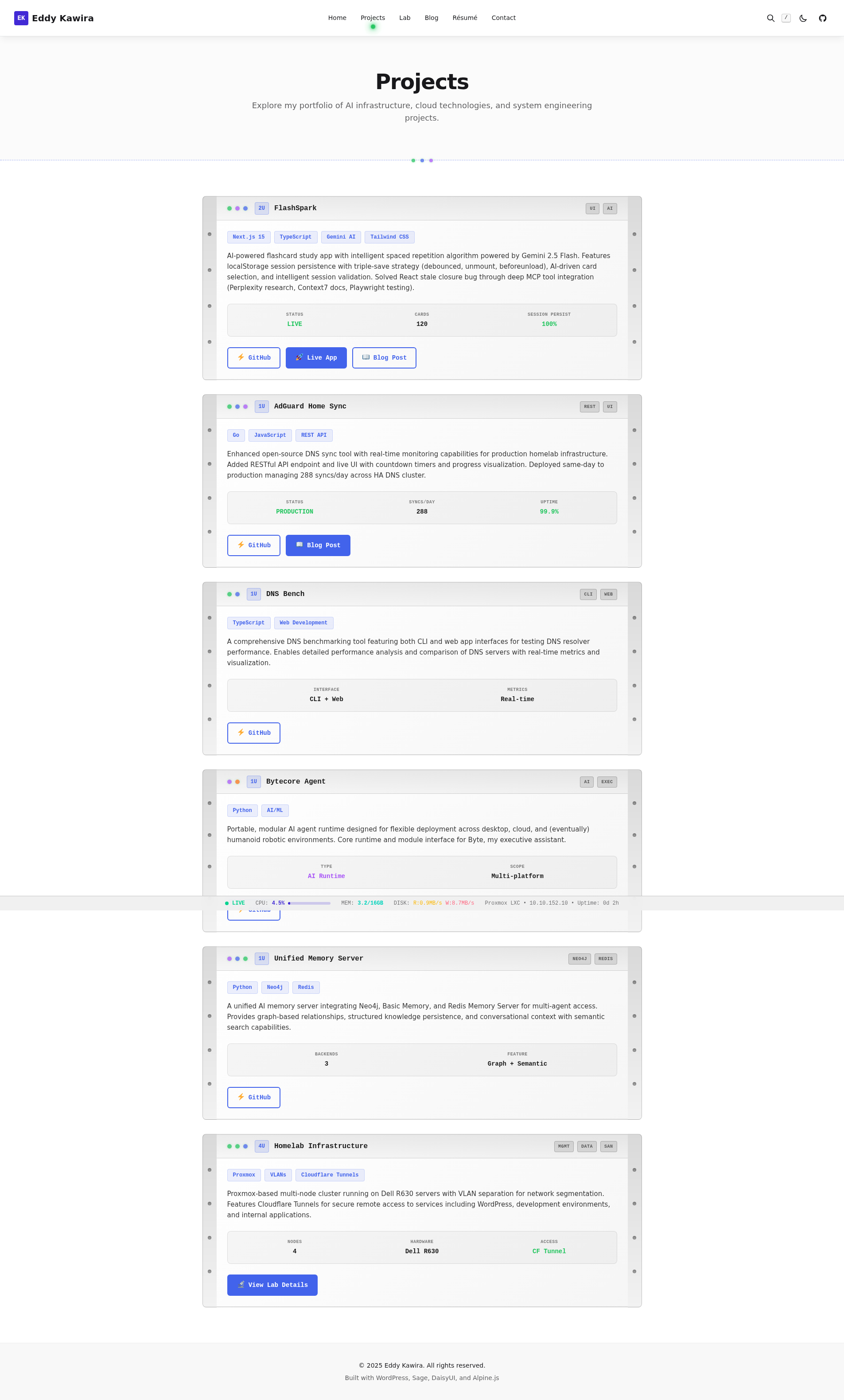 Projects page with rack-mounted server cards