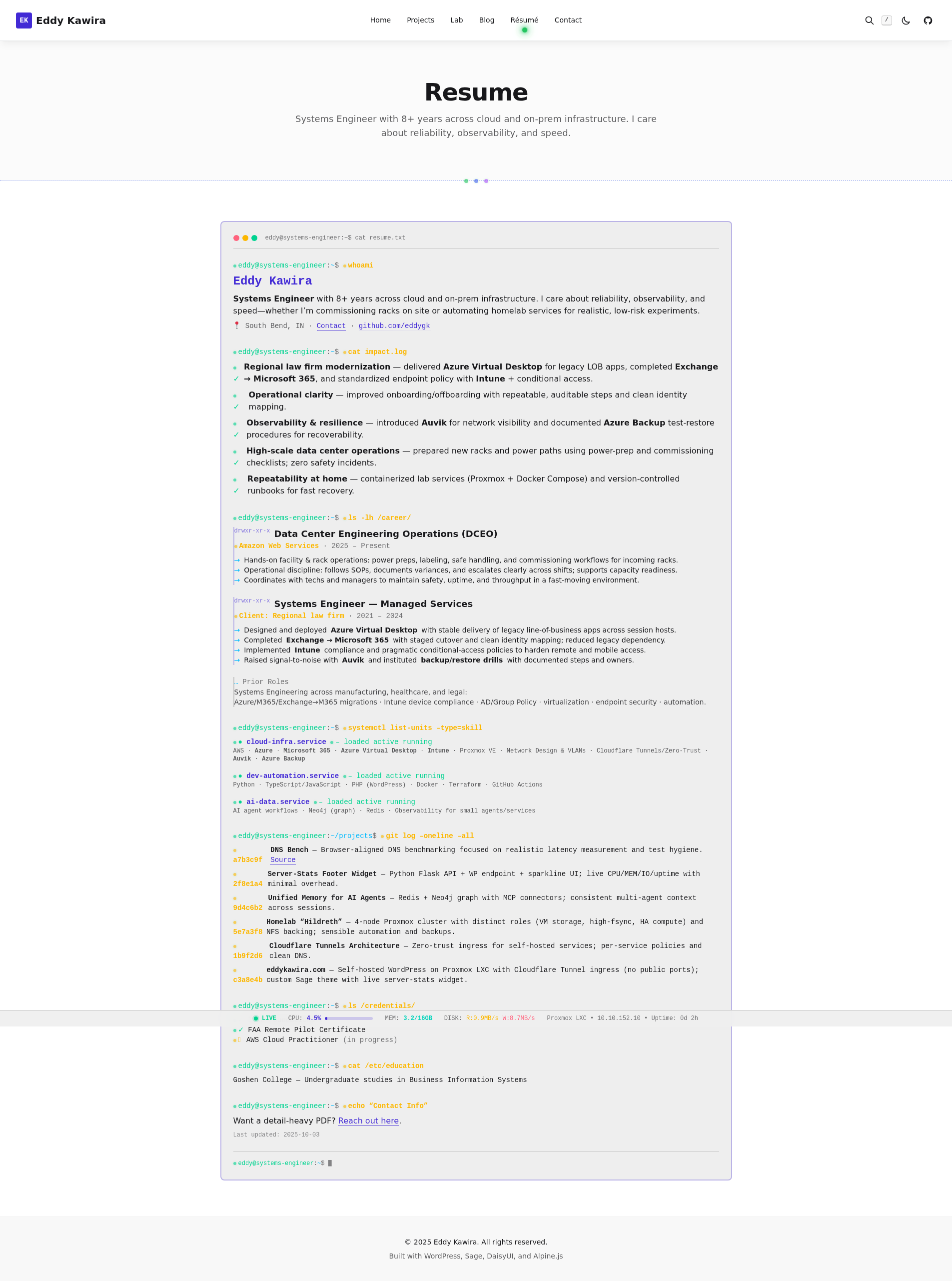 Resume page styled as terminal session