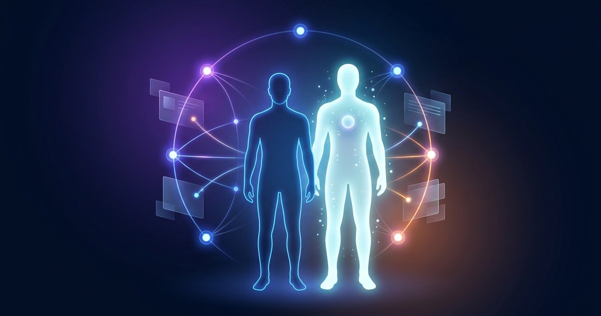 Abstract illustration of one person at the center directing an AI team, with a glowing AI assistant beside him and connected agent nodes behind them